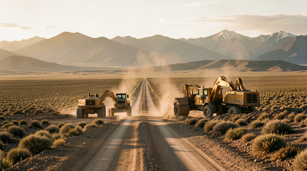 Maquinaria pesada trabajando en una carretera de tierra en el altiplano boliviano bajo un cielo despejado.