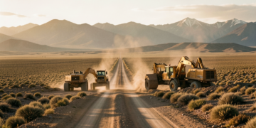 Maquinaria pesada trabajando en una carretera de tierra en el altiplano boliviano bajo un cielo despejado.
