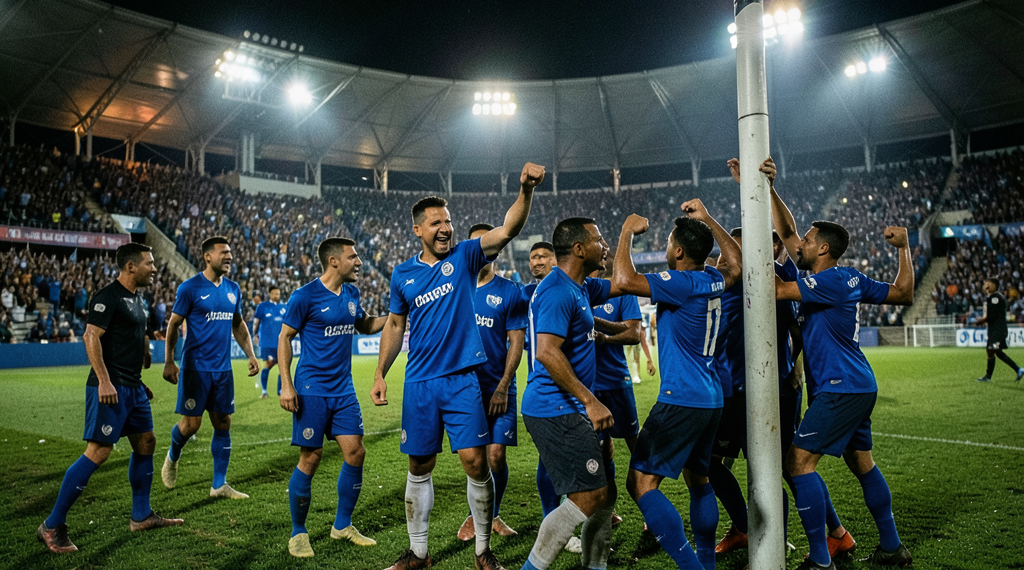 Jugadores de Aurora celebran un gol en el estadio Félix Capriles de Cochabamba durante un partido de la División Profesional.