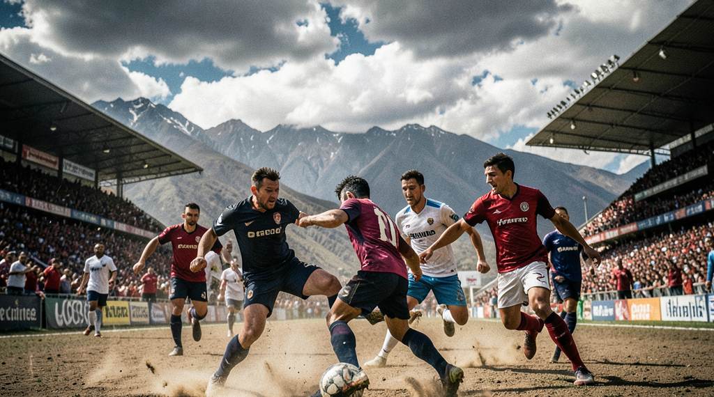 Jugadores de fútbol boliviano celebrando una victoria en un estadio regional con césped natural.