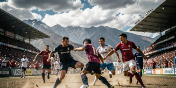 Jugadores de fútbol boliviano celebrando una victoria en un estadio regional con césped natural.