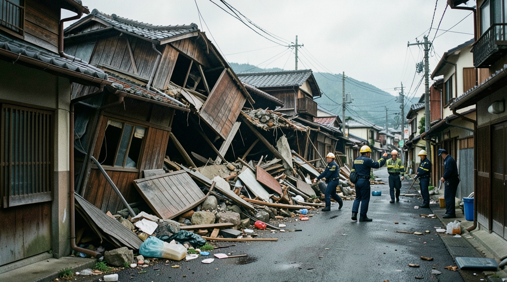 Edificios colapsados y equipos de rescate trabajando en las calles de Kumamoto, Japón, tras terremoto de magnitud 7.1.