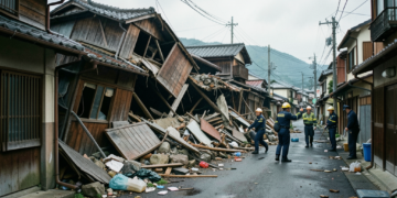 Edificios colapsados y equipos de rescate trabajando en las calles de Kumamoto, Japón, tras terremoto de magnitud 7.1.