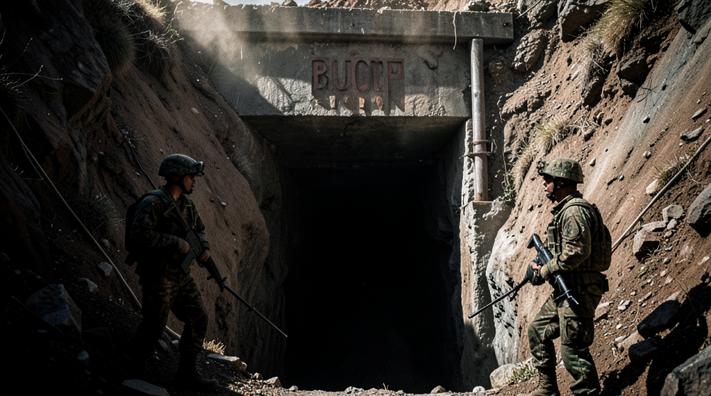 Entrada de bocamina en el cerro Posokoni, Huanuni, con presencia de efectivos militares en patrullaje.