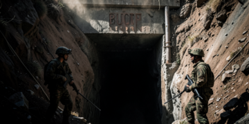 Entrada de bocamina en el cerro Posokoni, Huanuni, con presencia de efectivos militares en patrullaje.
