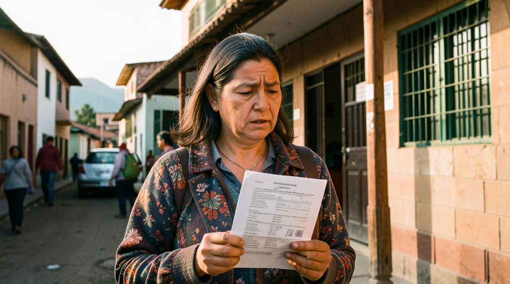 Padre de familia boliviano frente a una unidad educativa analizando requisitos de inscripción escolar.