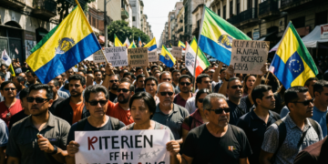 Seguidores de la oposición venezolana en una manifestación callejera con banderas y carteles en Caracas.