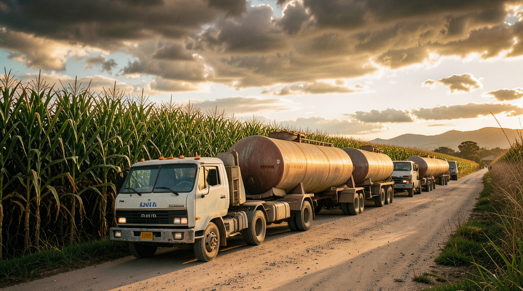 Cisternas de combustible varadas en una carretera boliviana cerca de campos de caña de azúcar.