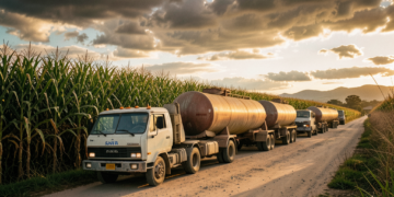 Cisternas de combustible varadas en una carretera boliviana cerca de campos de caña de azúcar.