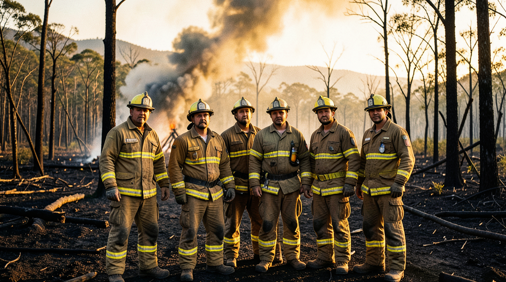 Bomberos forestales combatiendo un incendio en la Chiquitania boliviana bajo una densa columna de humo.