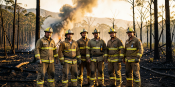 Bomberos forestales combatiendo un incendio en la Chiquitania boliviana bajo una densa columna de humo.