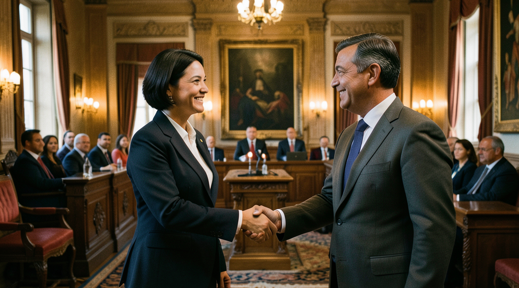 Keiko Fujimori y Rodrigo Paz en la ceremonia de asunción presidencial en Lima, Perú.
