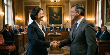 Keiko Fujimori y Rodrigo Paz en la ceremonia de asunción presidencial en Lima, Perú.