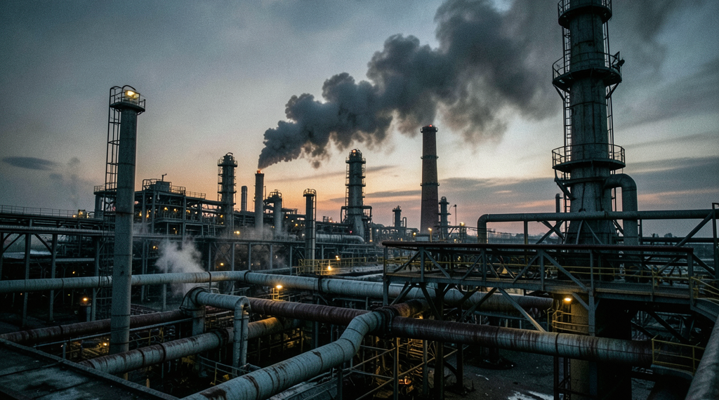 Refinería rusa dañada tras ataques con drones, simbolizando la crisis energética y el impacto de las sanciones.
