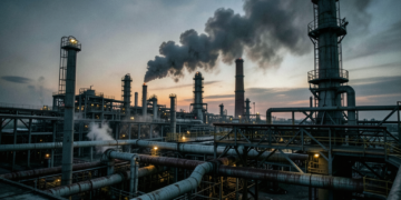 Refinería rusa dañada tras ataques con drones, simbolizando la crisis energética y el impacto de las sanciones.