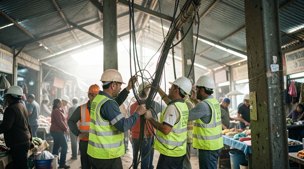 Ingenieros inspeccionan instalaciones eléctricas y estructurales en mercados de Santa Cruz tras incendios.