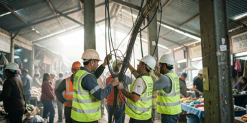 Ingenieros inspeccionan instalaciones eléctricas y estructurales en mercados de Santa Cruz tras incendios.