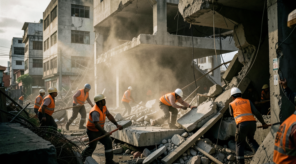 Equipos de rescate trabajan entre escombros de edificios colapsados tras el terremoto de 7,4 en Colombia.