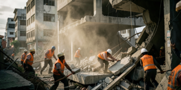 Equipos de rescate trabajan entre escombros de edificios colapsados tras el terremoto de 7,4 en Colombia.