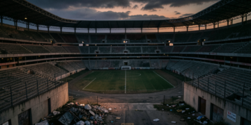 Estadio de fútbol vacío en Colombia tras la suspensión de partidos por el terremoto de magnitud 7,4.