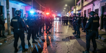 Policía boliviana resguarda la escena tras balacera entre facciones criminales brasileñas en San Ignacio de Velasco.