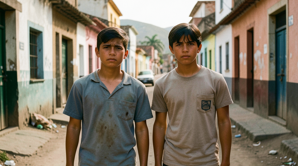 Dos adolescentes hermanos sobrevivientes de terremotos en Venezuela y Colombia, con expresión de resiliencia.