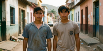 Dos adolescentes hermanos sobrevivientes de terremotos en Venezuela y Colombia, con expresión de resiliencia.