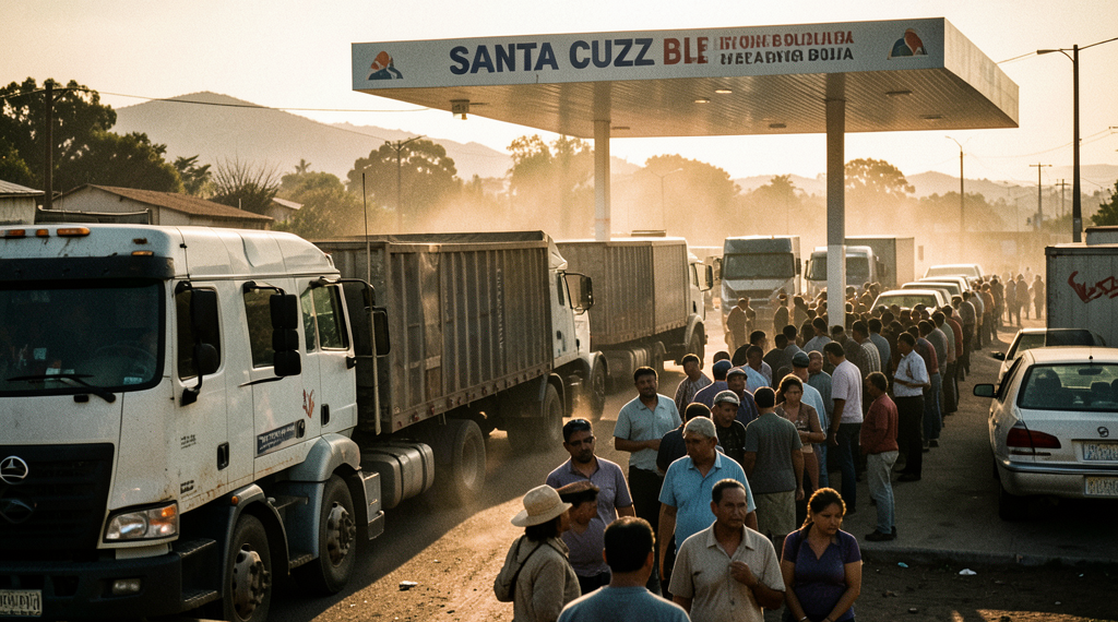 Largas filas de camiones y vehículos en una estación de servicio de Santa Cruz esperando combustible.