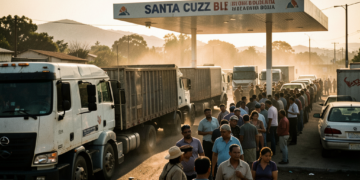 Largas filas de camiones y vehículos en una estación de servicio de Santa Cruz esperando combustible.