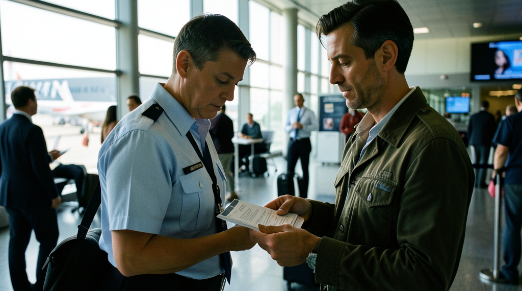 Agentes de seguridad en un aeropuerto estadounidense monitoreando pasajeros en una terminal de vuelos.
