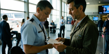 Agentes de seguridad en un aeropuerto estadounidense monitoreando pasajeros en una terminal de vuelos.