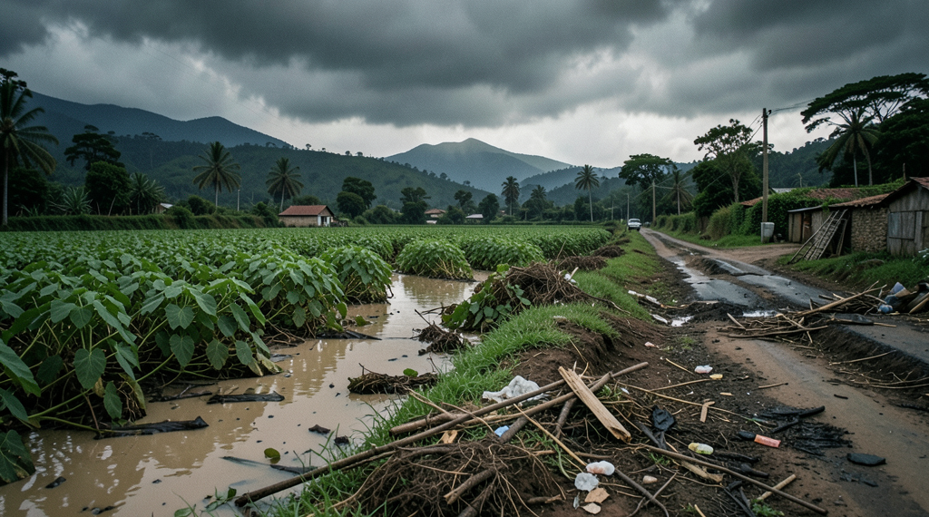 Inundaciones en Yapacaní, Santa Cruz, muestran campos de cultivo de soya destruidos y caminos rurales anegados.