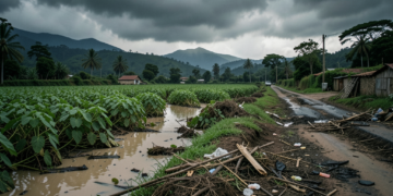 Inundaciones en Yapacaní, Santa Cruz, muestran campos de cultivo de soya destruidos y caminos rurales anegados.