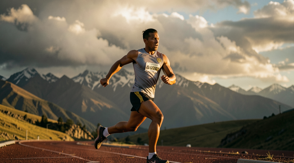 Atleta boliviano entrenando con determinación en una pista de atletismo bajo el cielo andino.