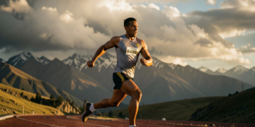 Atleta boliviano entrenando con determinación en una pista de atletismo bajo el cielo andino.