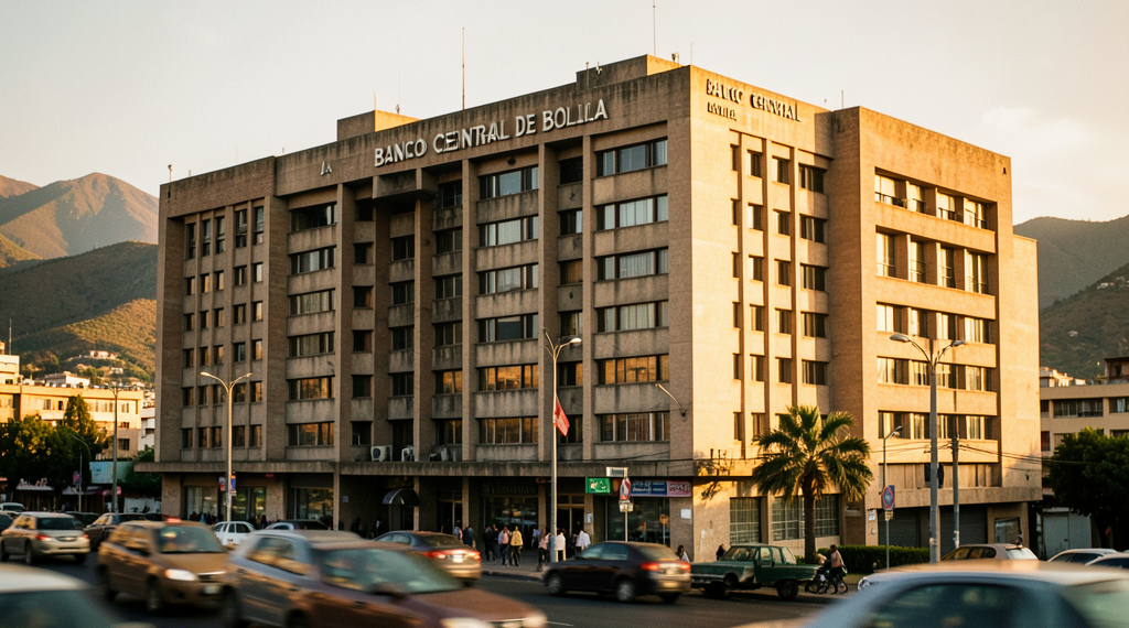 Fachada del Banco Central de Bolivia en La Paz con gráficos financieros superpuestos y movimiento urbano.