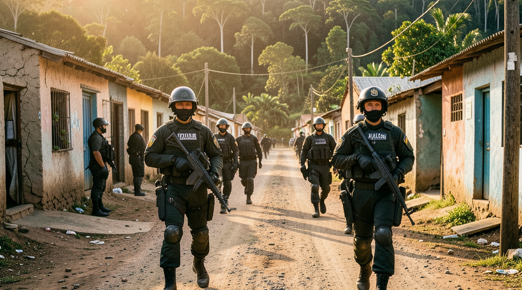 Efectivos policiales bolivianos patrullando la zona fronteriza con Brasil en Guayaramerín, Beni.