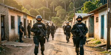 Efectivos policiales bolivianos patrullando la zona fronteriza con Brasil en Guayaramerín, Beni.