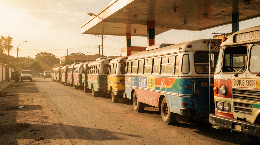 Larga fila de micros de transporte público esperando combustible en un surtidor de Santa Cruz, Bolivia.