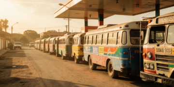 Larga fila de micros de transporte público esperando combustible en un surtidor de Santa Cruz, Bolivia.