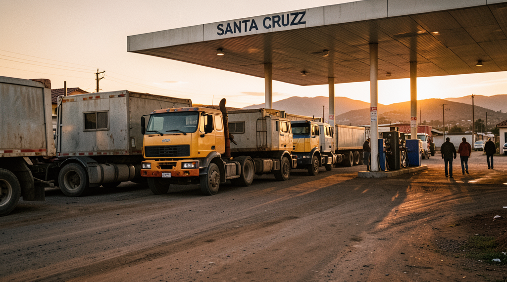 Camiones de carga esperando en una fila interminable en una estación de servicio en Bolivia.