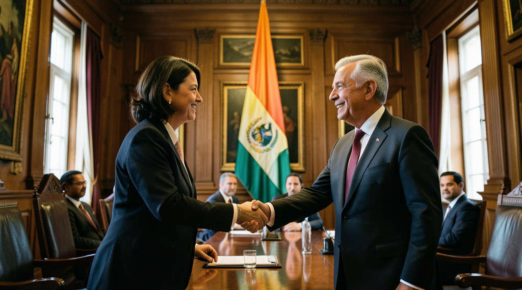 La representante del FMI, Martha Spinella, junto al canciller Héctor Huanca en la Cancillería de La Paz, Bolivia.