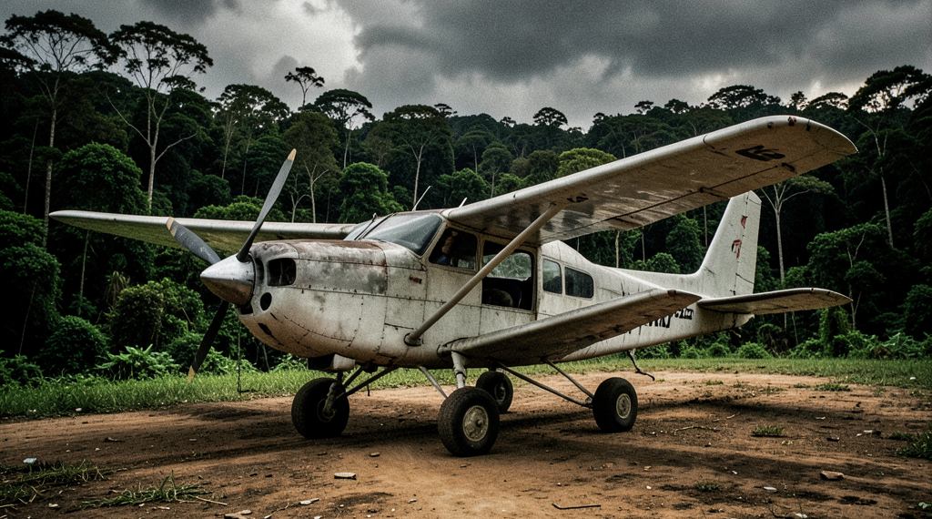 Avioneta pequeña en una pista de aterrizaje rural en la Amazonía boliviana bajo un cielo nublado.