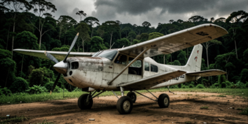 Avioneta pequeña en una pista de aterrizaje rural en la Amazonía boliviana bajo un cielo nublado.
