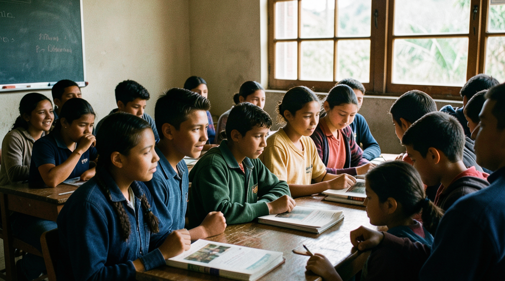 Estudiantes bolivianos en un aula de clases con libros y materiales escolares, enfocados en el aprendizaje.