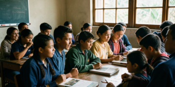 Estudiantes bolivianos en un aula de clases con libros y materiales escolares, enfocados en el aprendizaje.