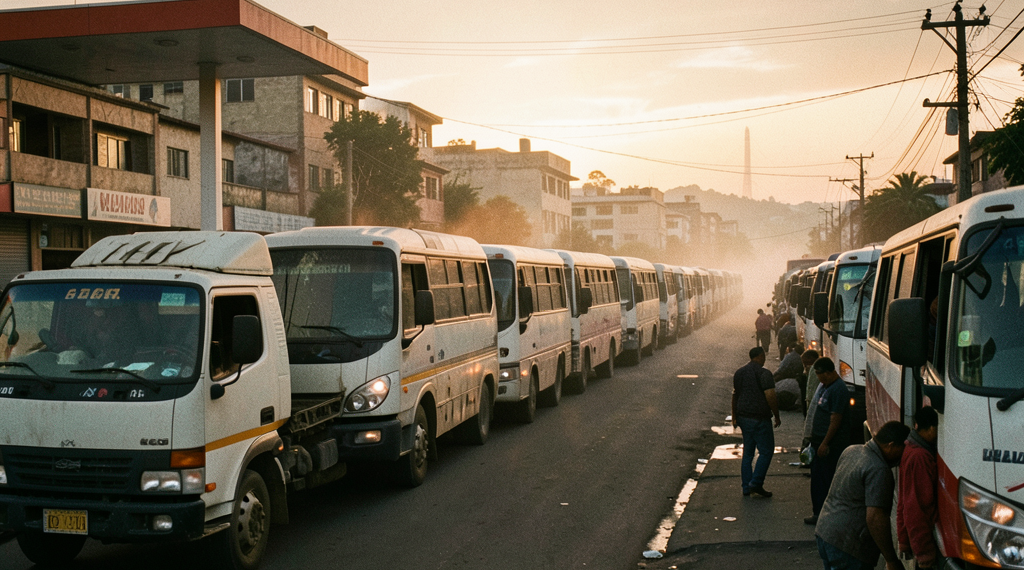 Largas filas de vehículos y camiones esperando cargar combustible en una estación de servicio en Bolivia.