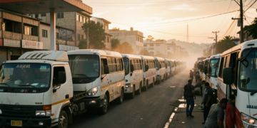 Largas filas de vehículos y camiones esperando cargar combustible en una estación de servicio en Bolivia.