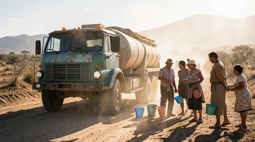 Camión cisterna distribuyendo agua en una comunidad rural de la Chiquitania boliviana afectada por la sequía.