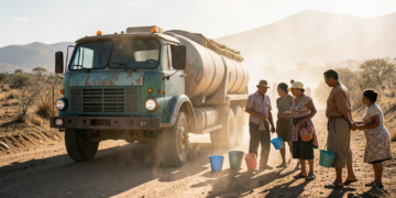 Camión cisterna distribuyendo agua en una comunidad rural de la Chiquitania boliviana afectada por la sequía.